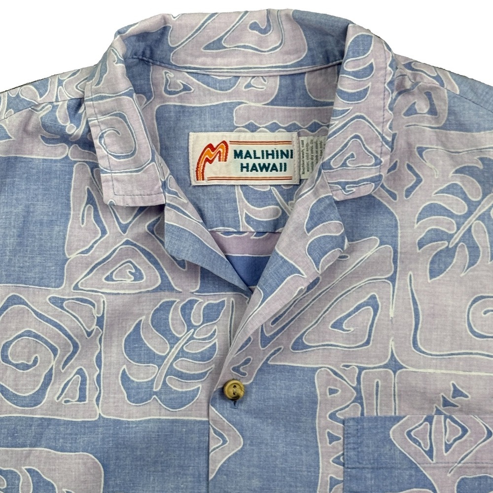 Malihini Hawaii Button Down Mens Medium Blue Purple Tribal Monstera Aloha Shirt